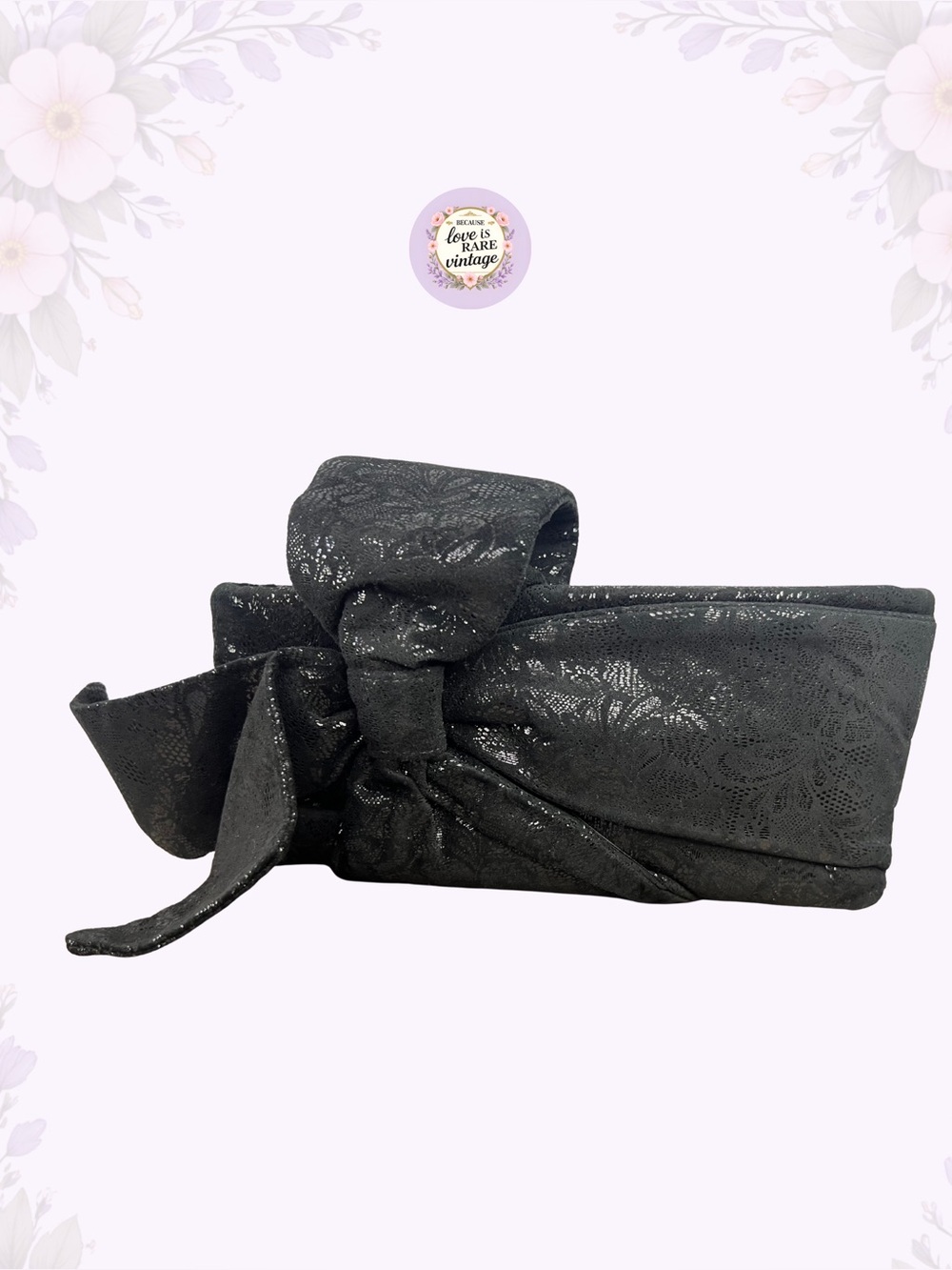 VTG Bags by Pinky Leather Statement Bow Clutch • 80s Black Floral Evening Bag